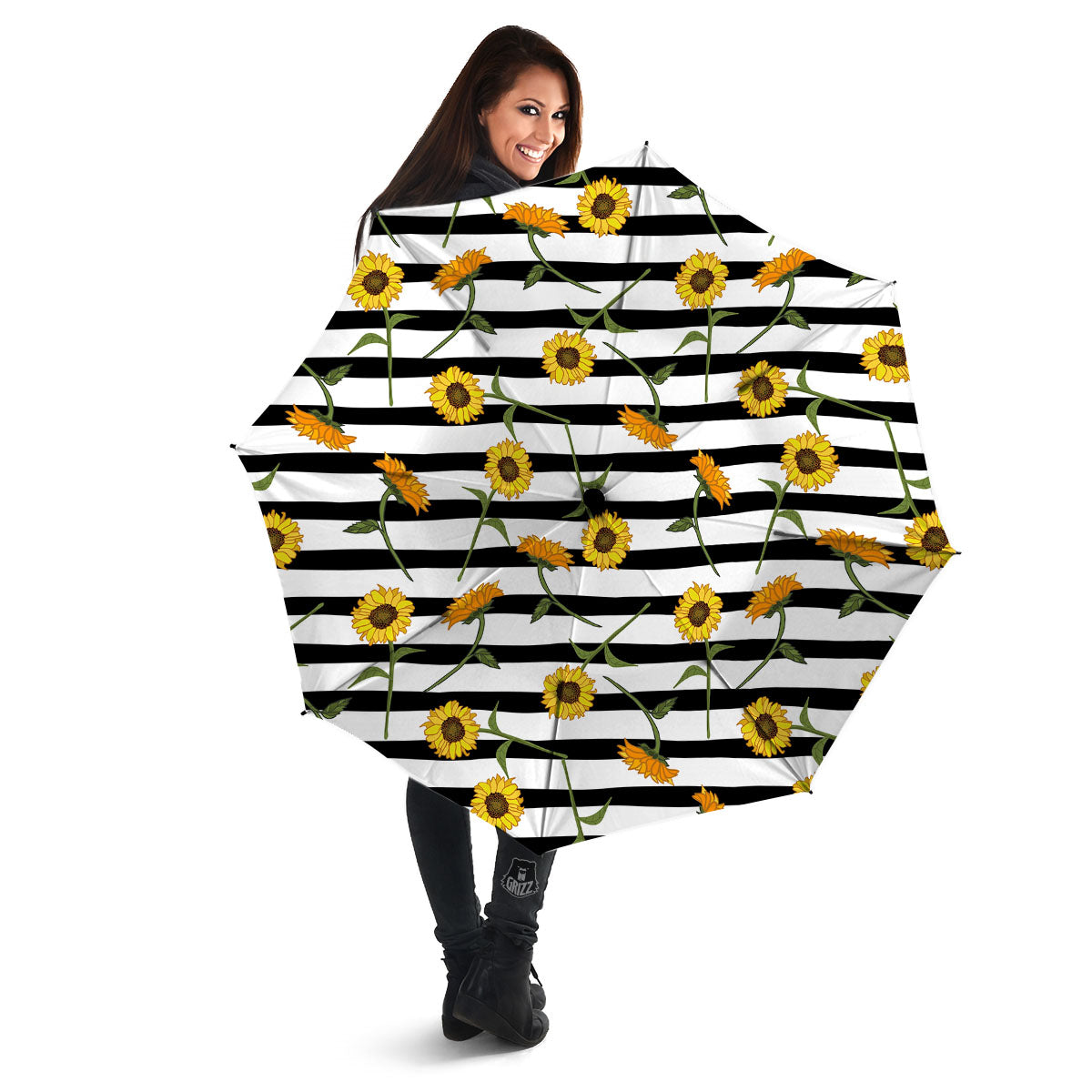 Stripe Sunflower White And Black Print Pattern Umbrella-grizzshop