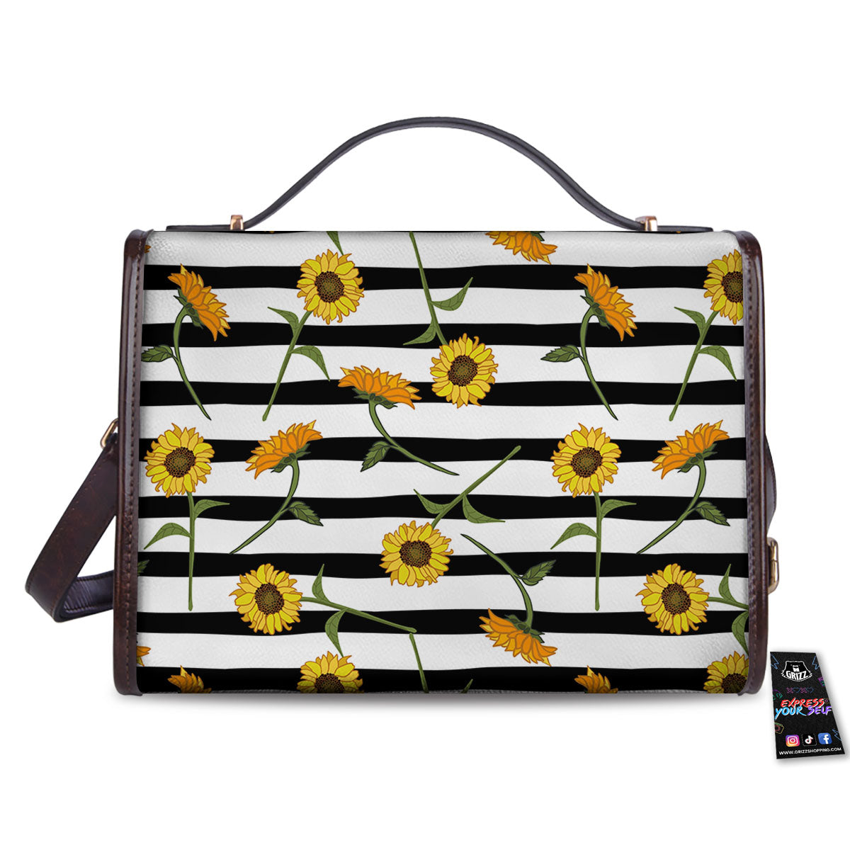 Stripe Sunflower White And Black Print Pattern Women's Satchel Bag-grizzshop