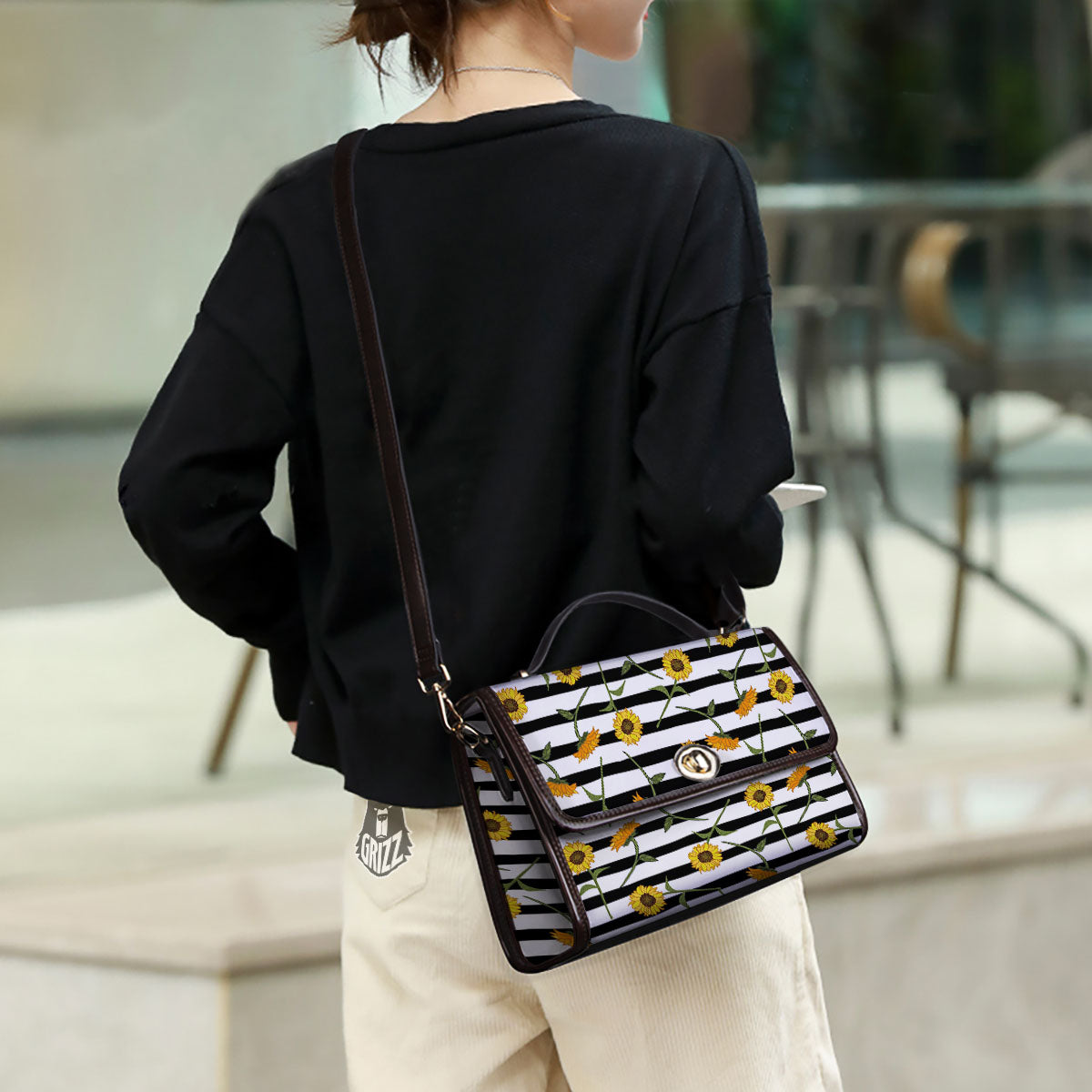 Stripe Sunflower White And Black Print Pattern Women's Satchel Bag-grizzshop