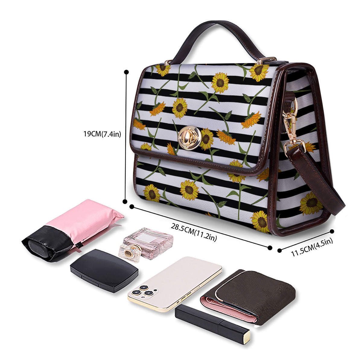 Stripe Sunflower White And Black Print Pattern Women's Satchel Bag-grizzshop