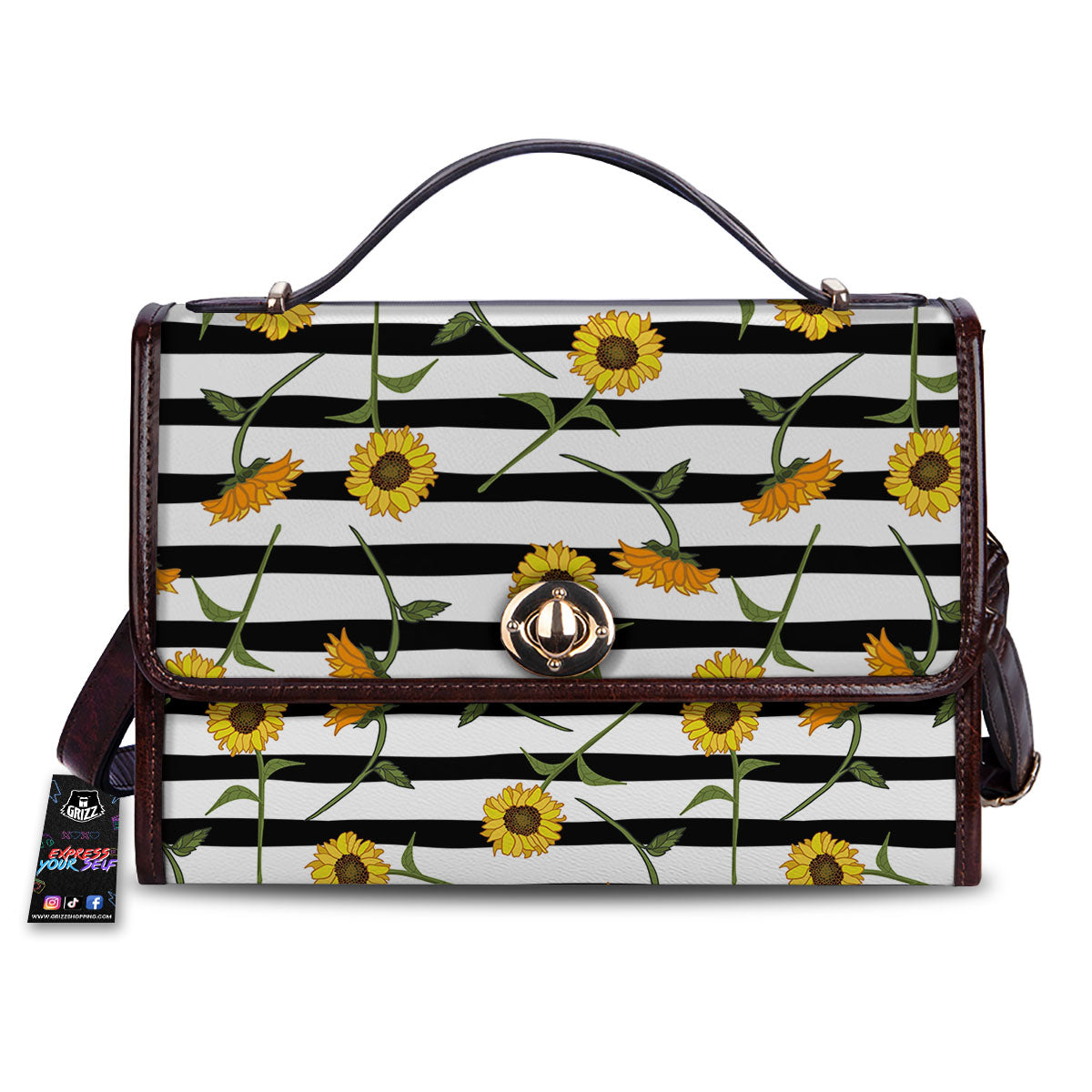 Stripe Sunflower White And Black Print Pattern Women's Satchel Bag-grizzshop