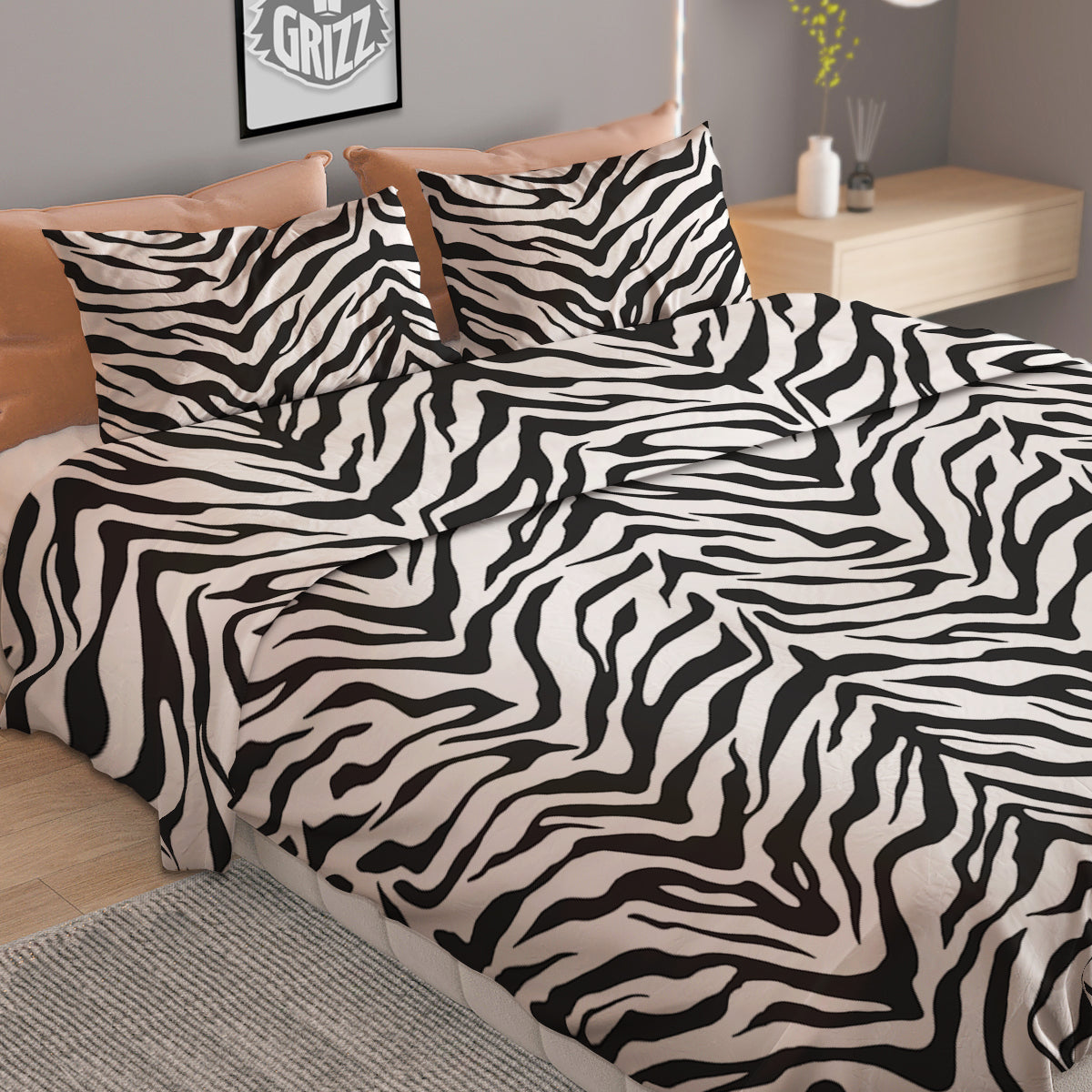 Stripe White Tiger Print Pattern Duvet Cover Bedding Set