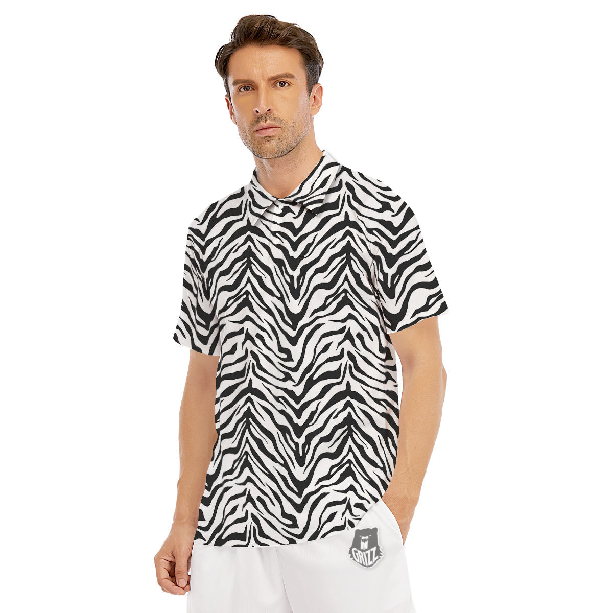 Stripe White Tiger Print Pattern Men's Golf Shirts-grizzshop