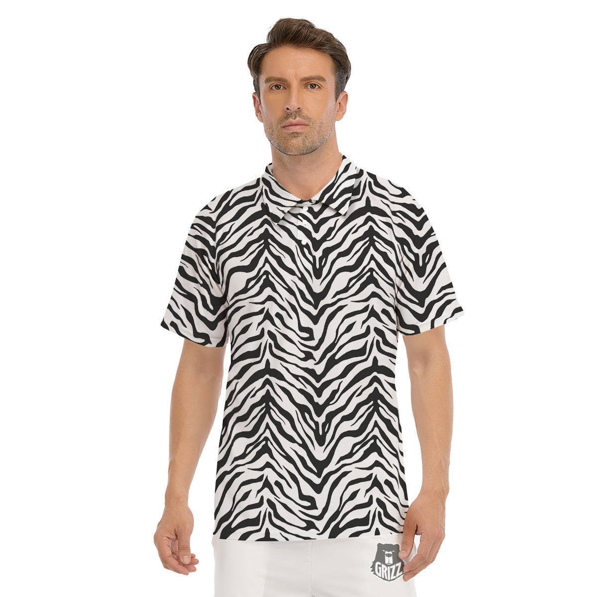Stripe White Tiger Print Pattern Men's Golf Shirts-grizzshop
