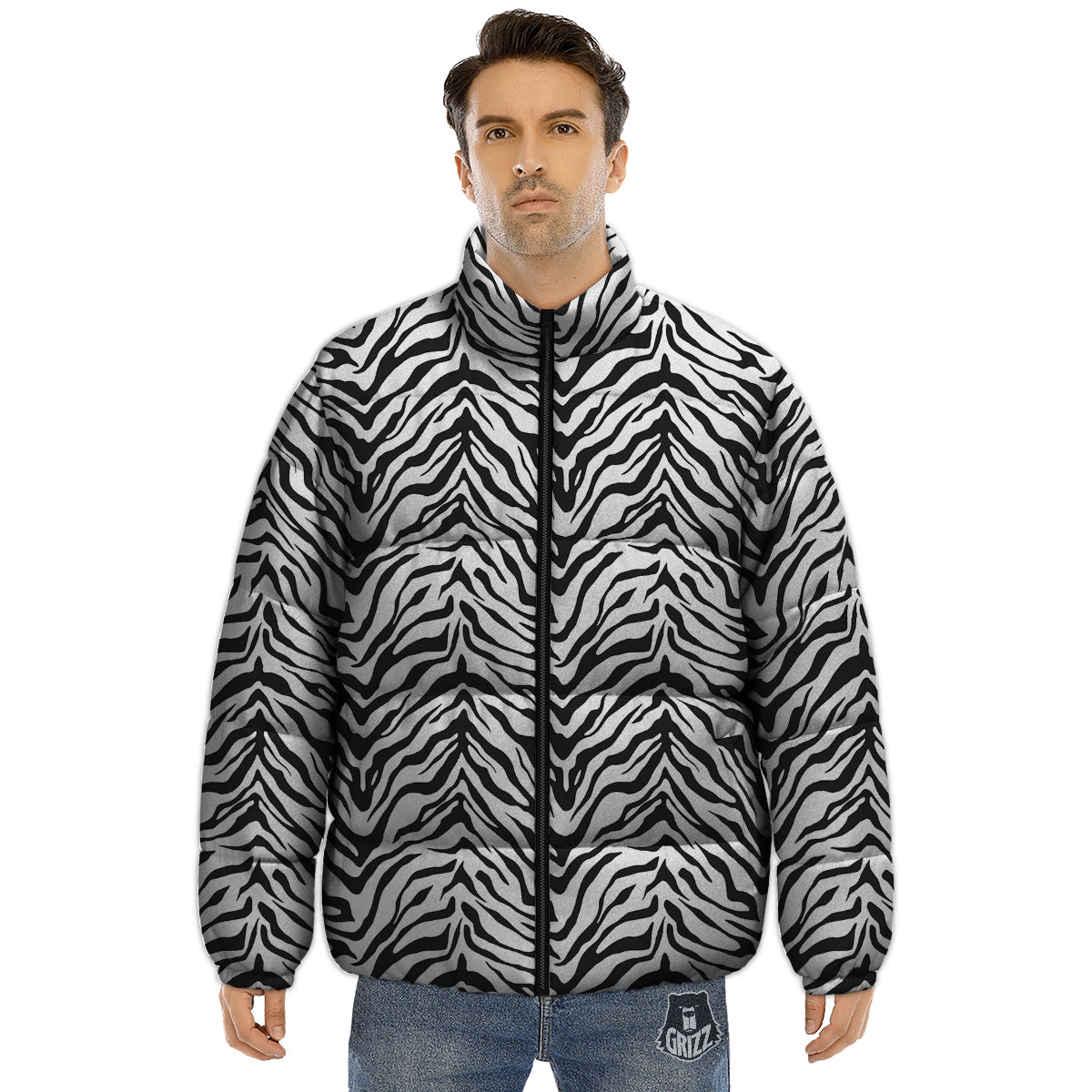 Stripe White Tiger Print Pattern Puffer Jacket-grizzshop