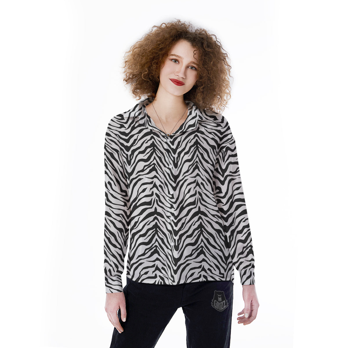 Stripe White Tiger Print Pattern Women's Long Sleeve Shirts-grizzshop