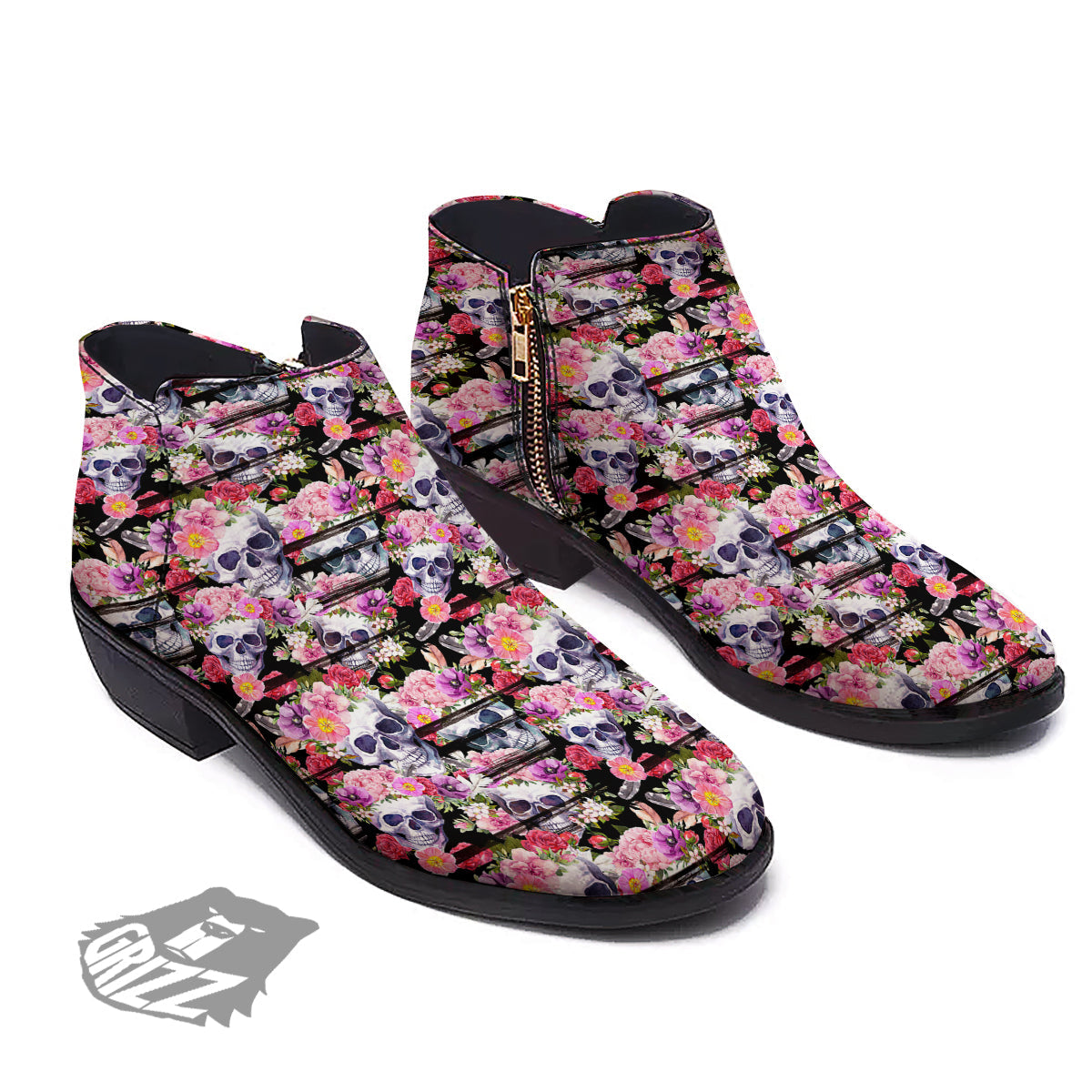 Striped Aloha Skull Print Pattern Ankle Boots-grizzshop