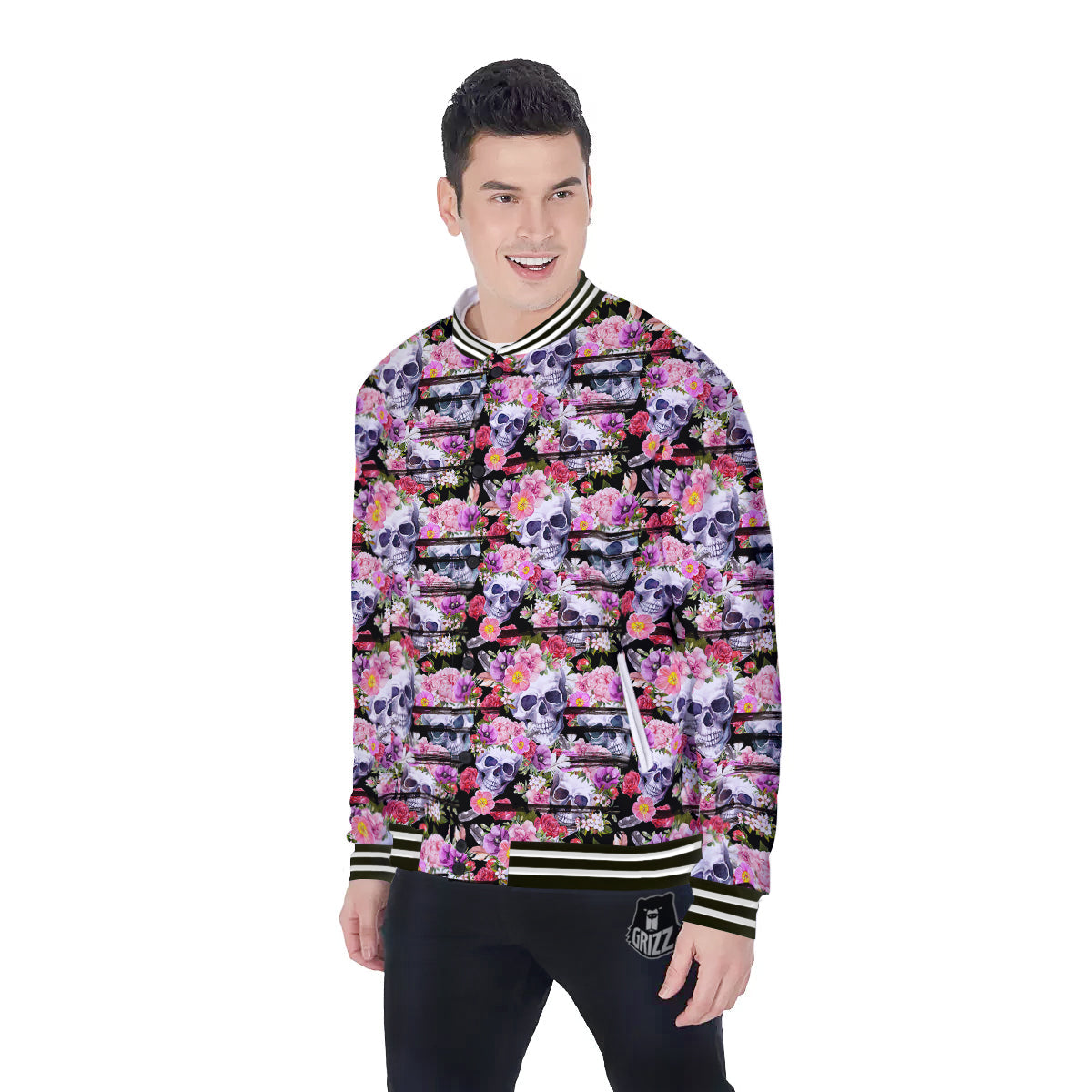 Striped Aloha Skull Print Pattern Baseball Jacket-grizzshop