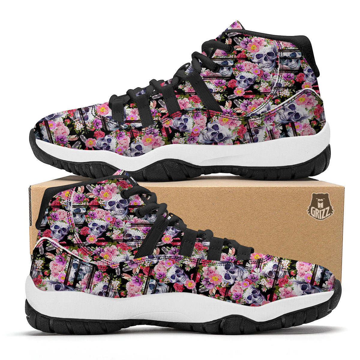 Striped Aloha Skull Print Pattern Black Bball Shoes-grizzshop