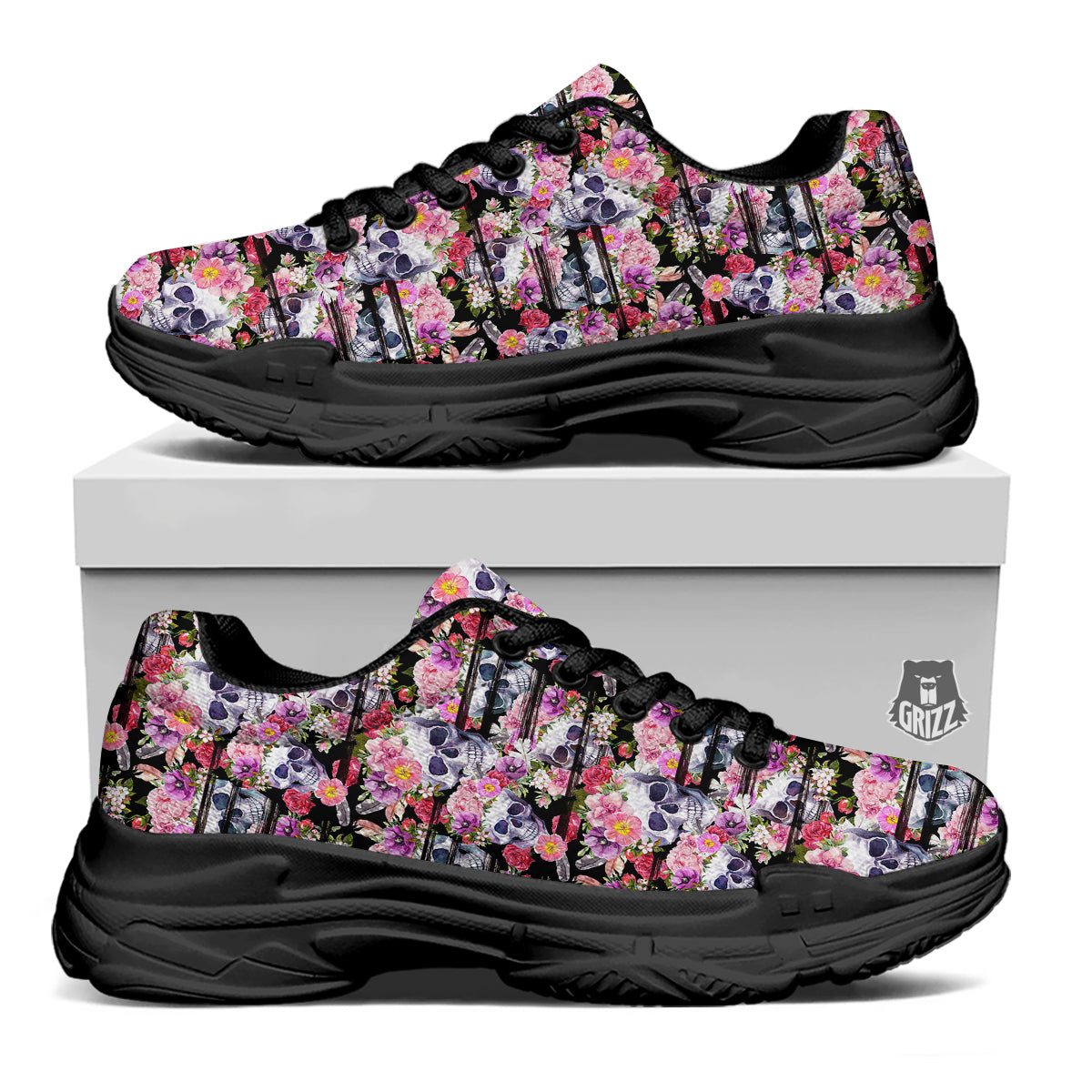 Striped Aloha Skull Print Pattern Black Chunky Shoes-grizzshop