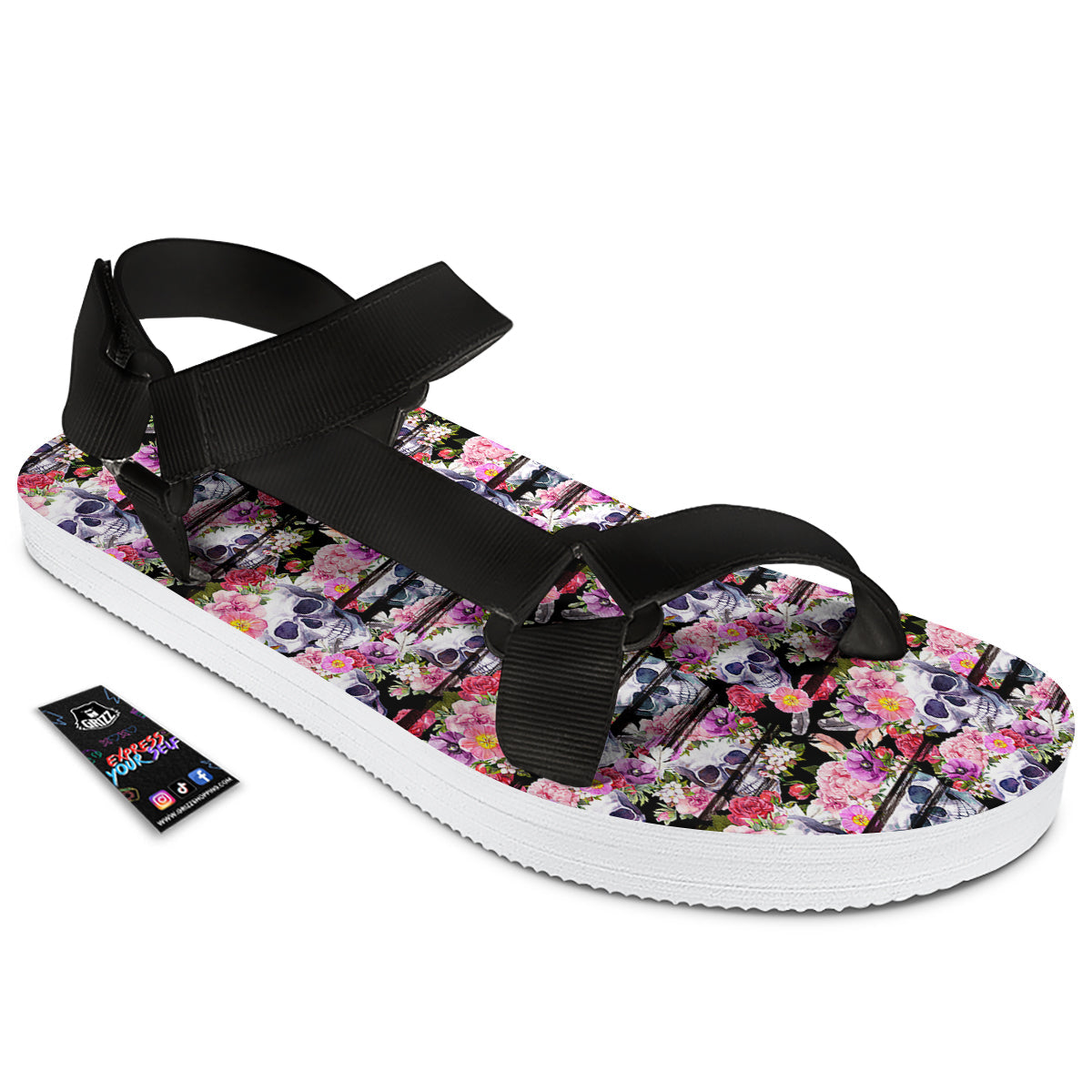 Striped Aloha Skull Print Pattern Black Open Toe Sandals-grizzshop