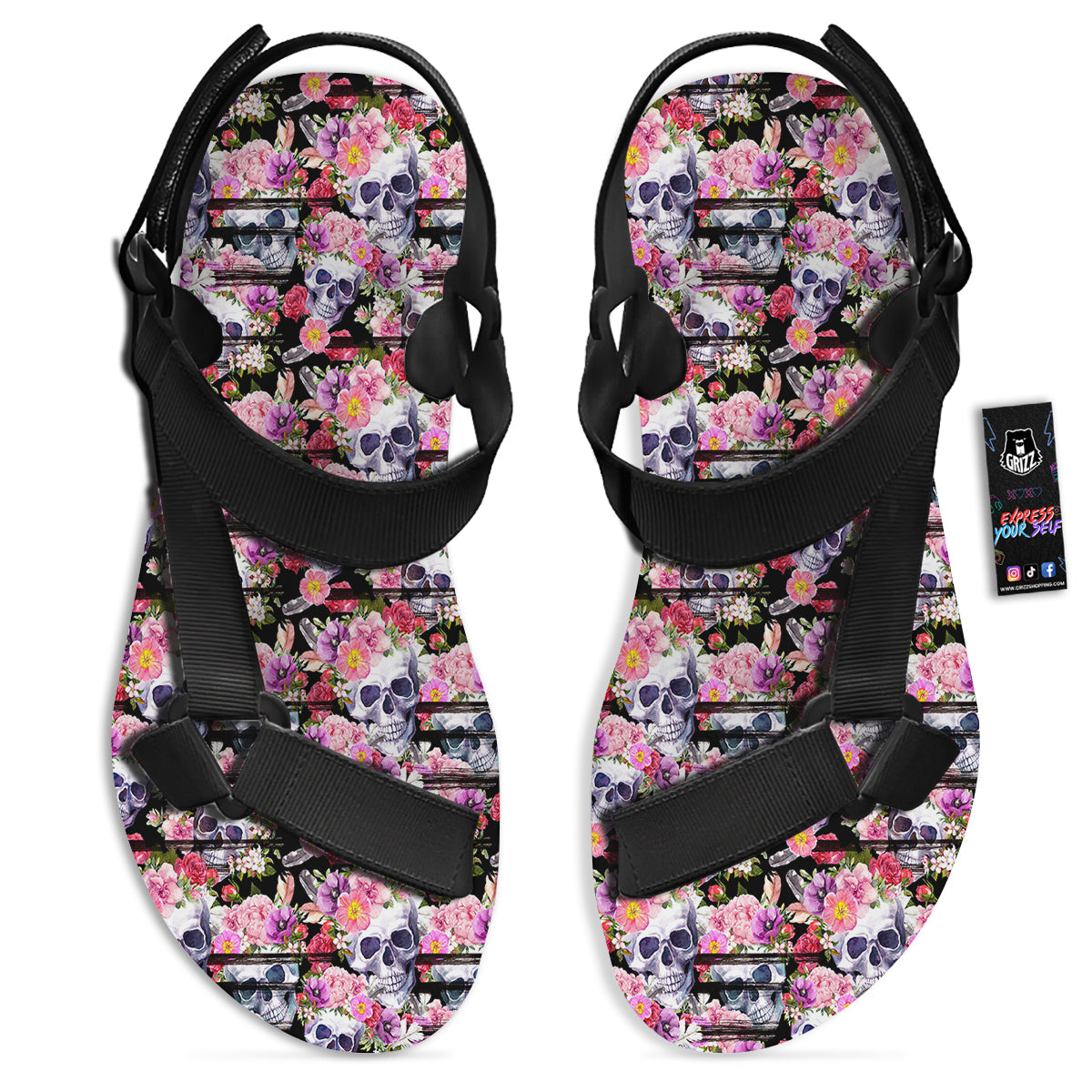 Striped Aloha Skull Print Pattern Black Open Toe Sandals-grizzshop
