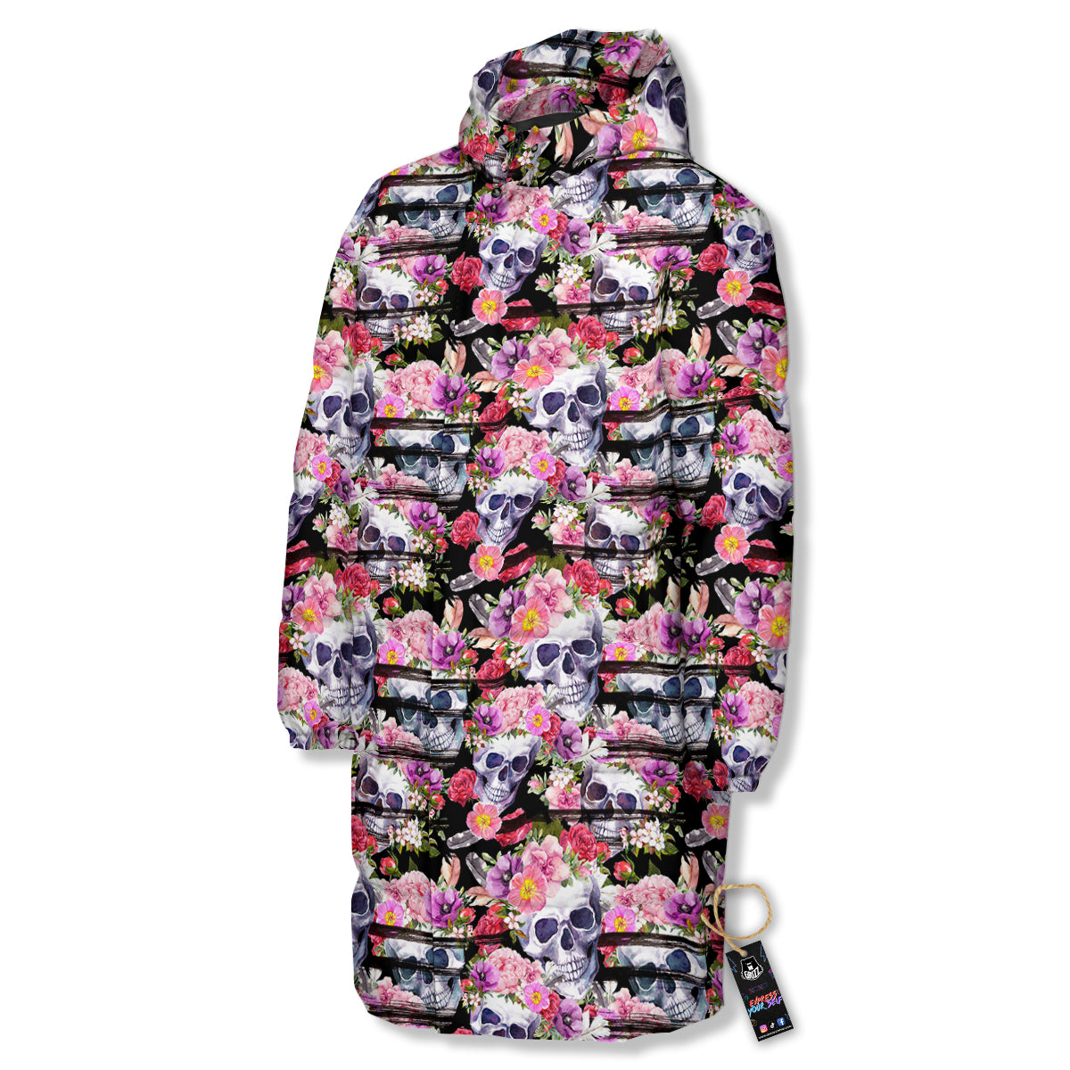 Striped Aloha Skull Print Pattern Long Down Jacket-grizzshop
