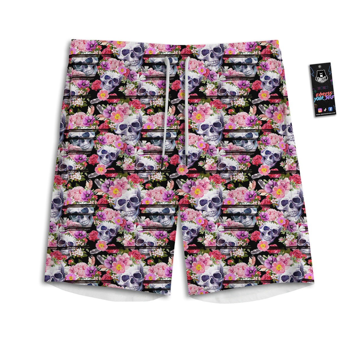 Striped Aloha Skull Print Pattern Men's Athletic Shorts