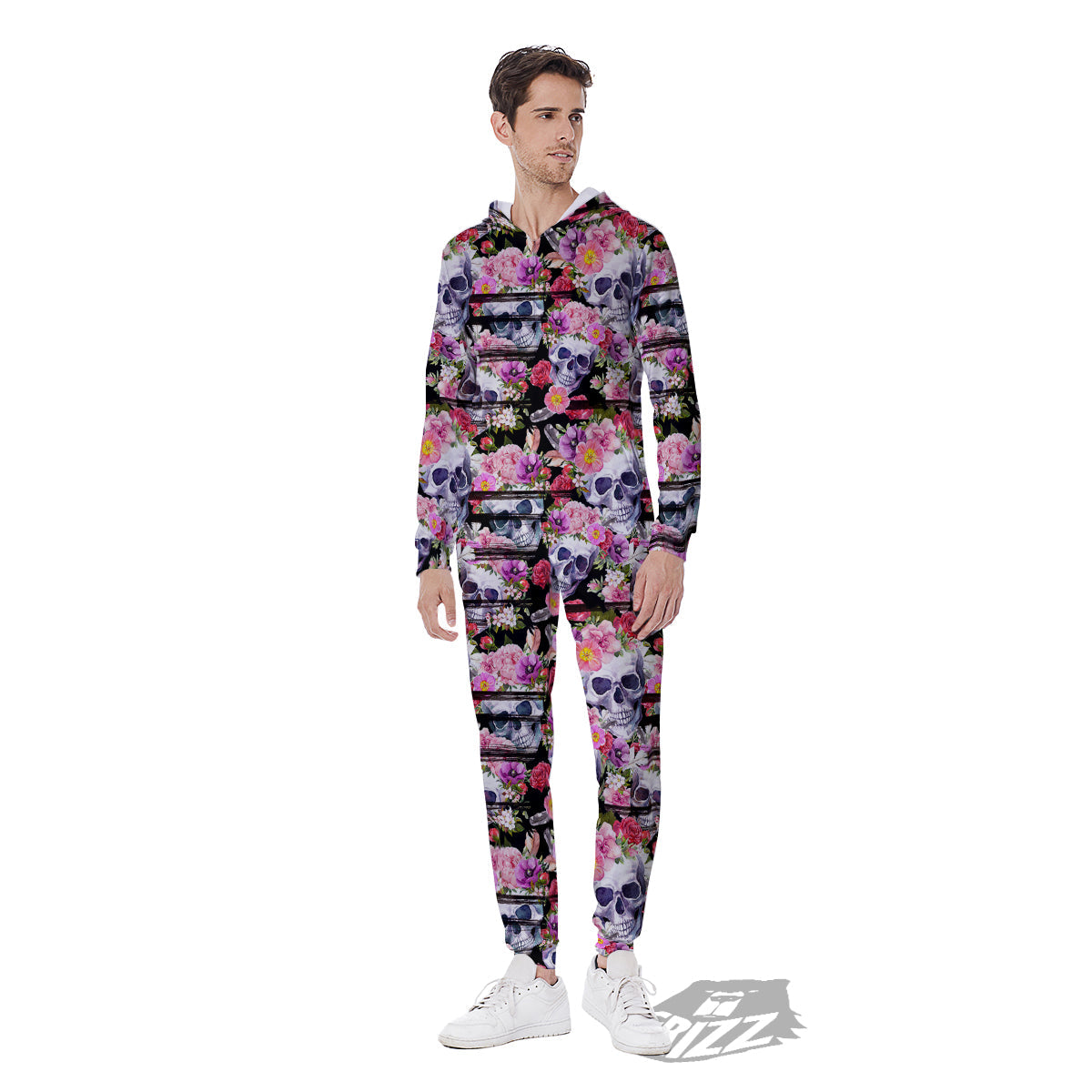 Striped Aloha Skull Print Pattern Men's Jumpsuit-grizzshop