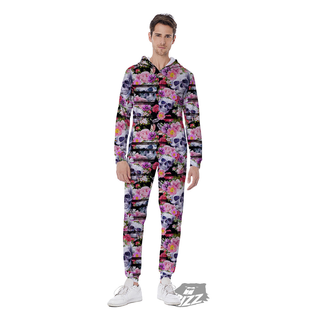 Striped Aloha Skull Print Pattern Men's Jumpsuit-grizzshop