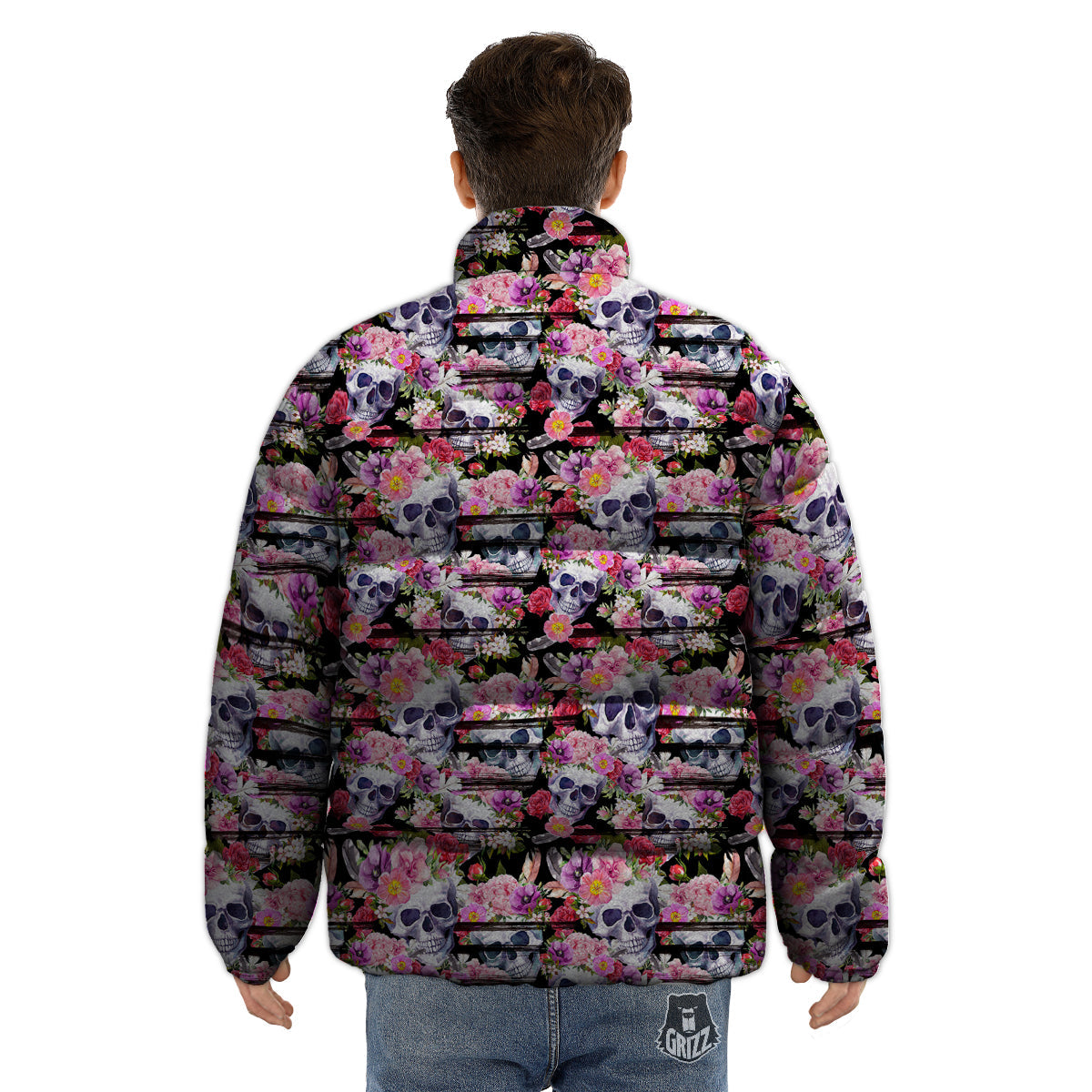 Striped Aloha Skull Print Pattern Puffer Jacket-grizzshop