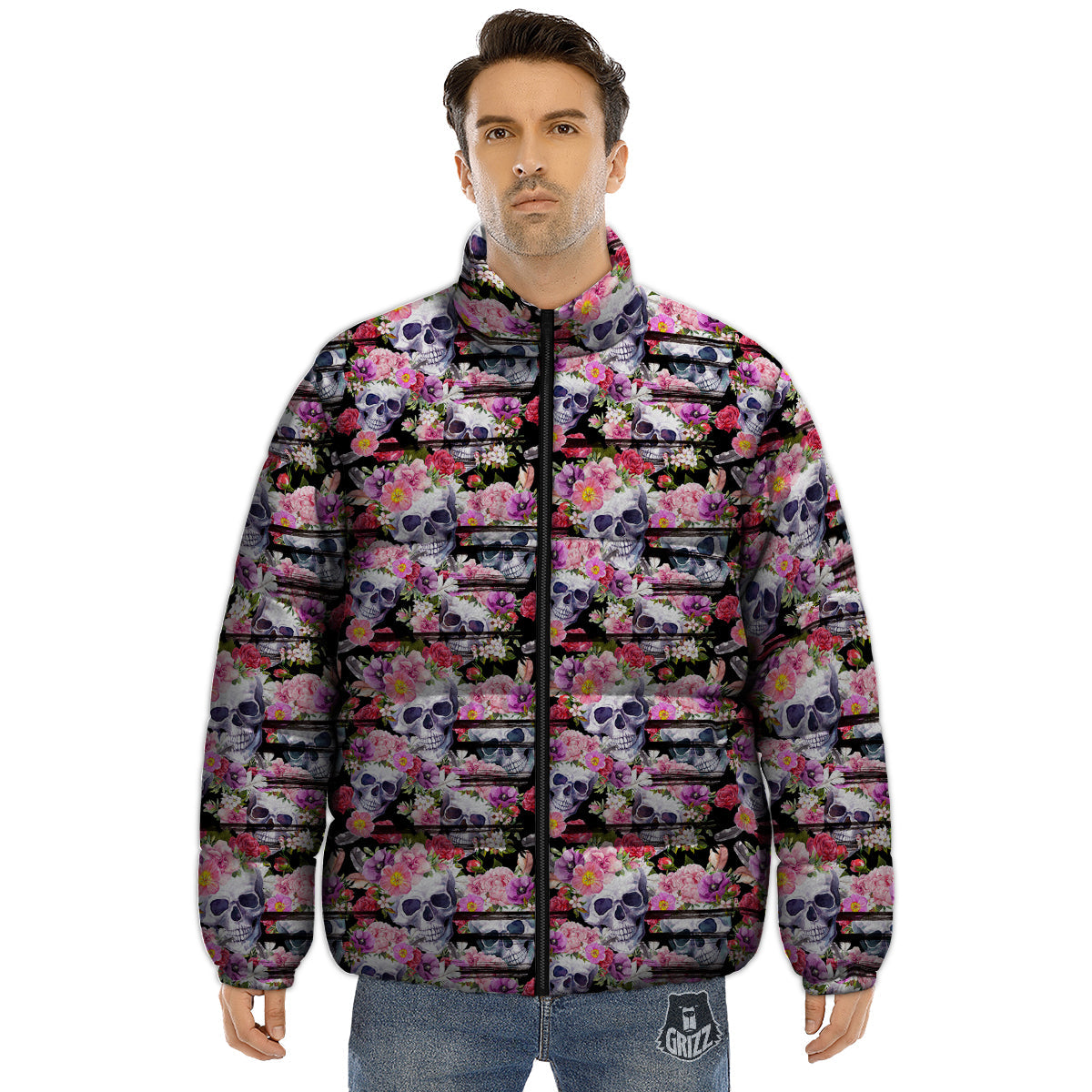 Striped Aloha Skull Print Pattern Puffer Jacket-grizzshop