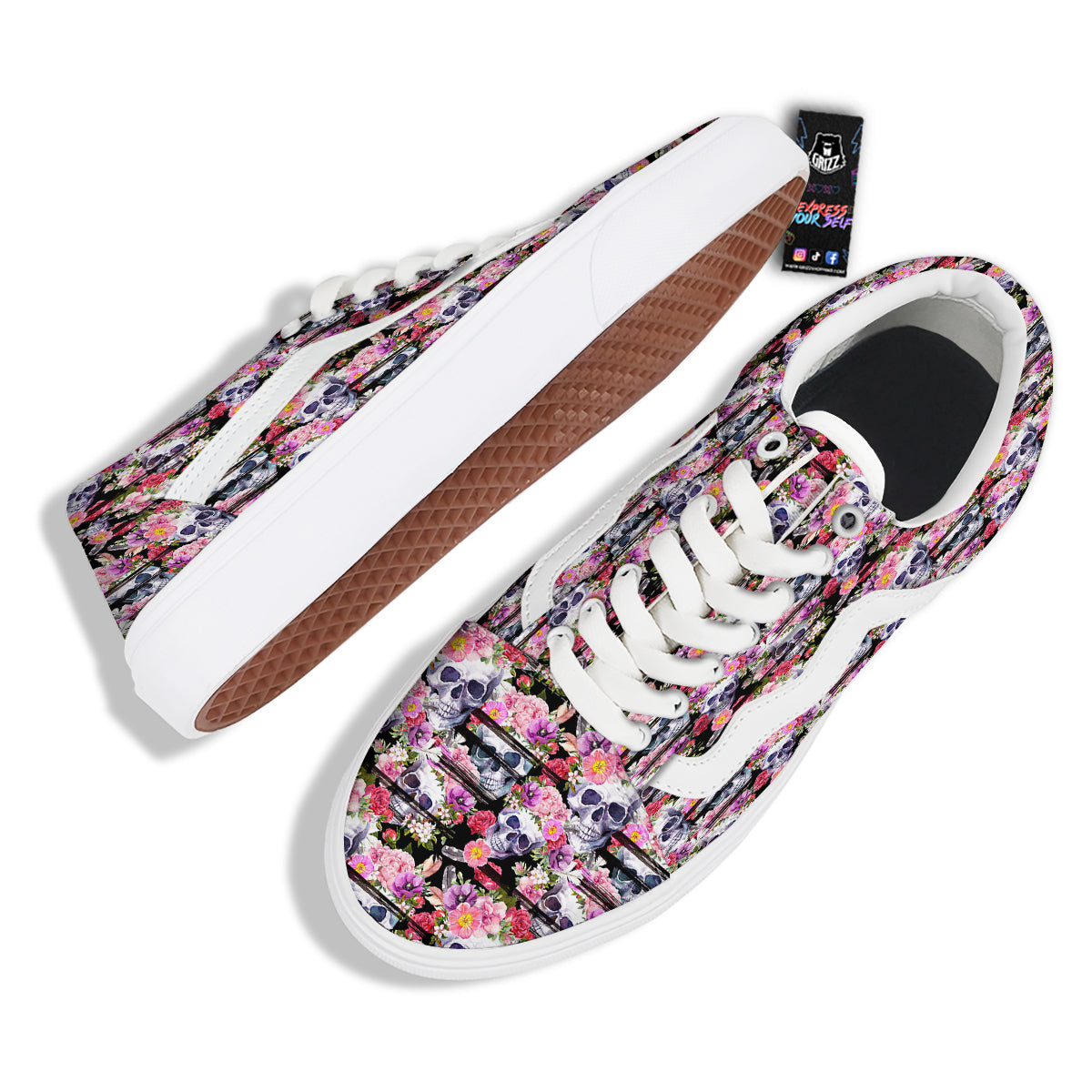Striped Aloha Skull Print Pattern Skate Shoes-grizzshop