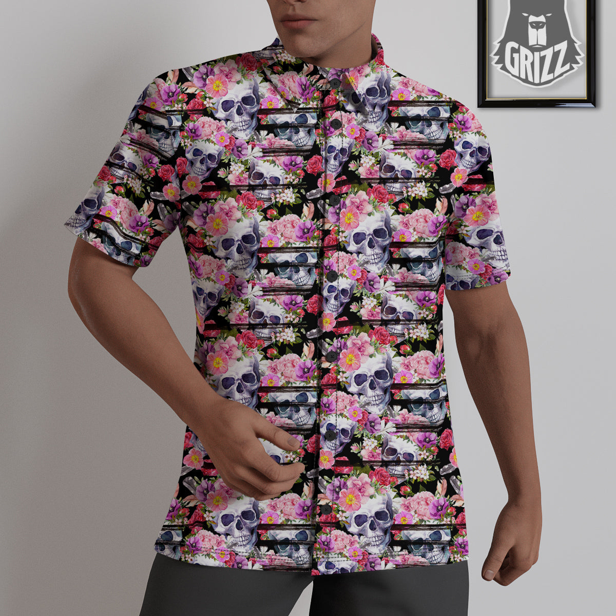 Striped Aloha Skull Print Pattern Untucked Shirts-grizzshop