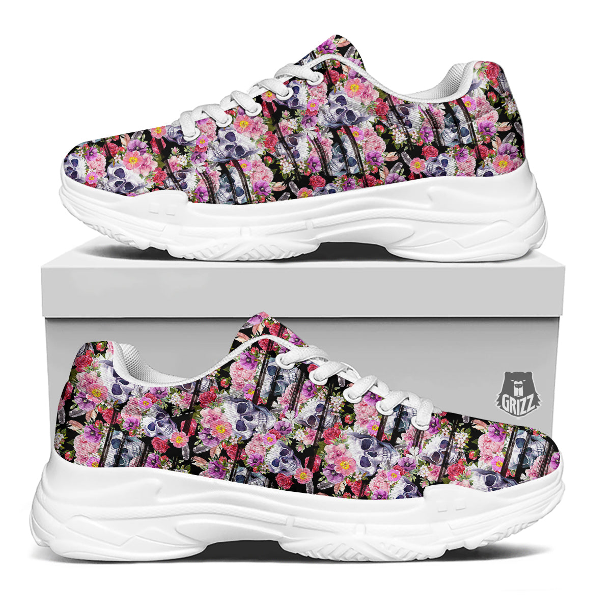 Striped Aloha Skull Print Pattern White Chunky Shoes-grizzshop