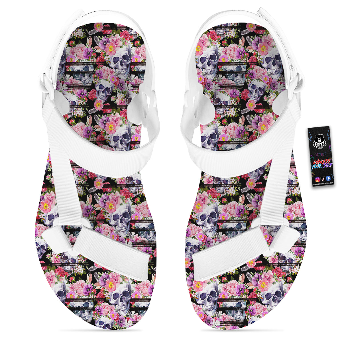 Striped Aloha Skull Print Pattern White Open Toe Sandals-grizzshop