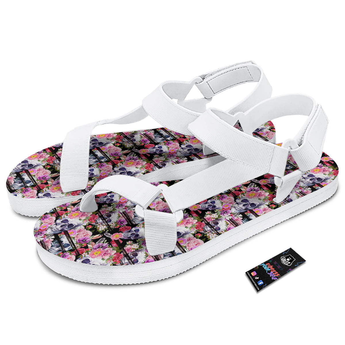 Striped Aloha Skull Print Pattern White Open Toe Sandals-grizzshop