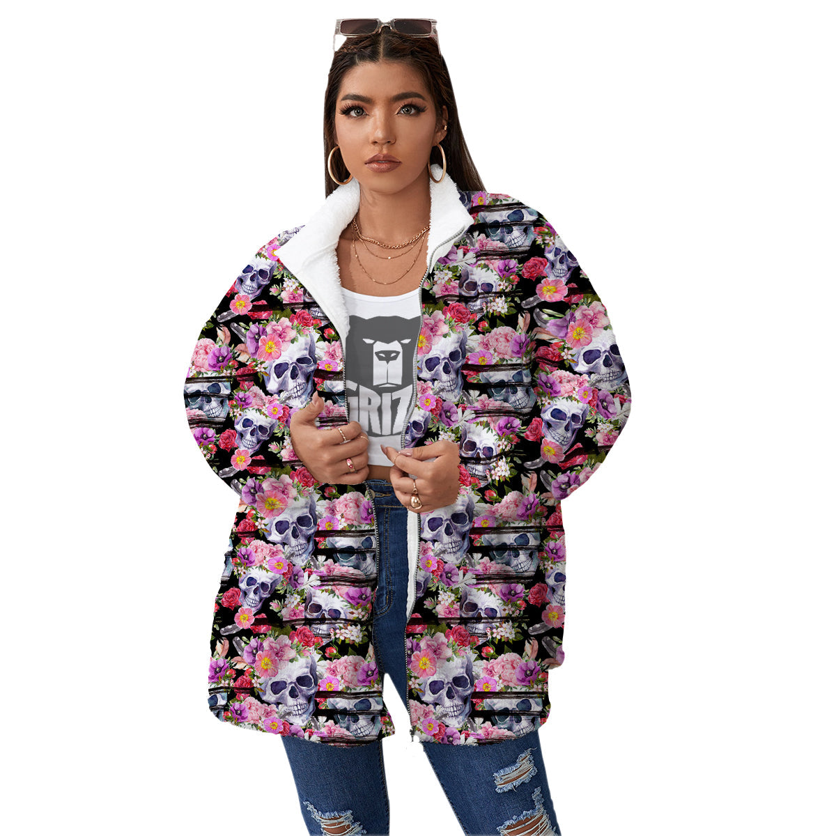 Striped Aloha Skull Print Pattern Women's Sherpa Jacket-grizzshop