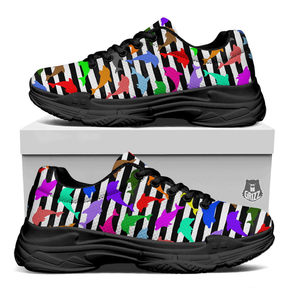 Striped And Colorful Dolphin Print Pattern Black Chunky Shoes-grizzshop