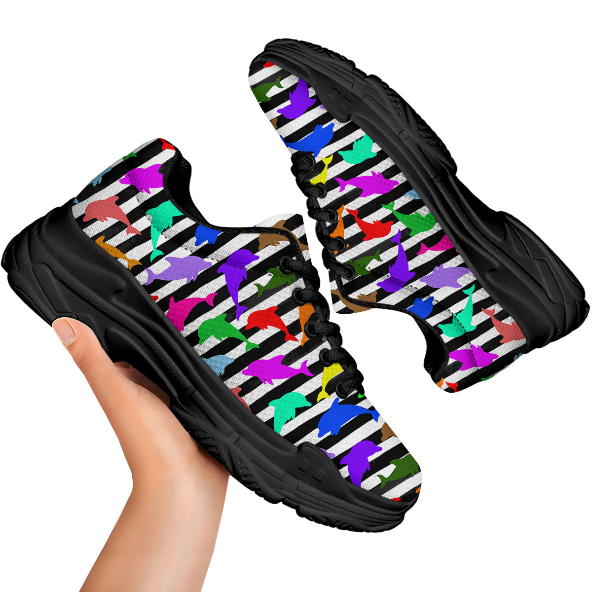 Striped And Colorful Dolphin Print Pattern Black Chunky Shoes-grizzshop