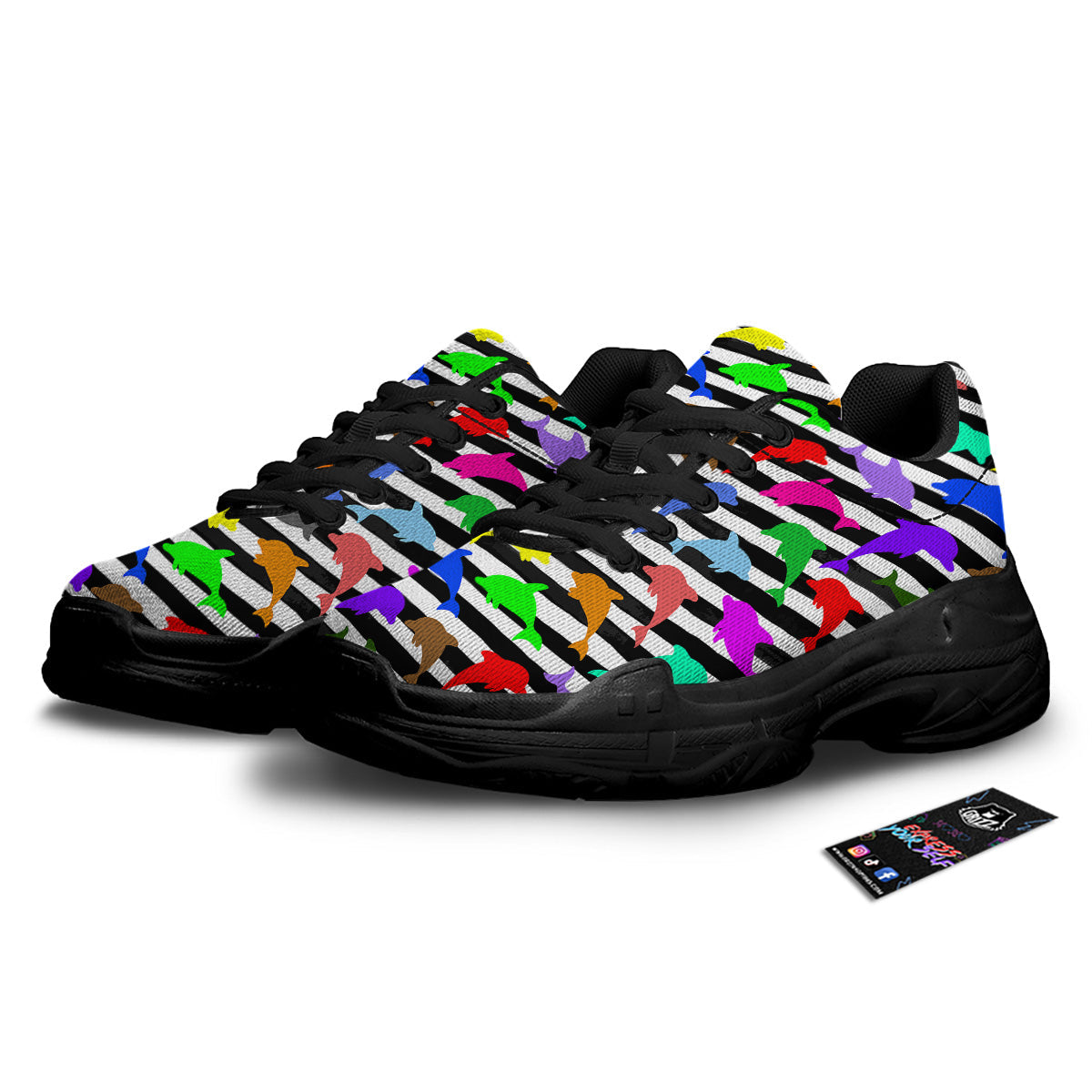Striped And Colorful Dolphin Print Pattern Black Chunky Shoes-grizzshop