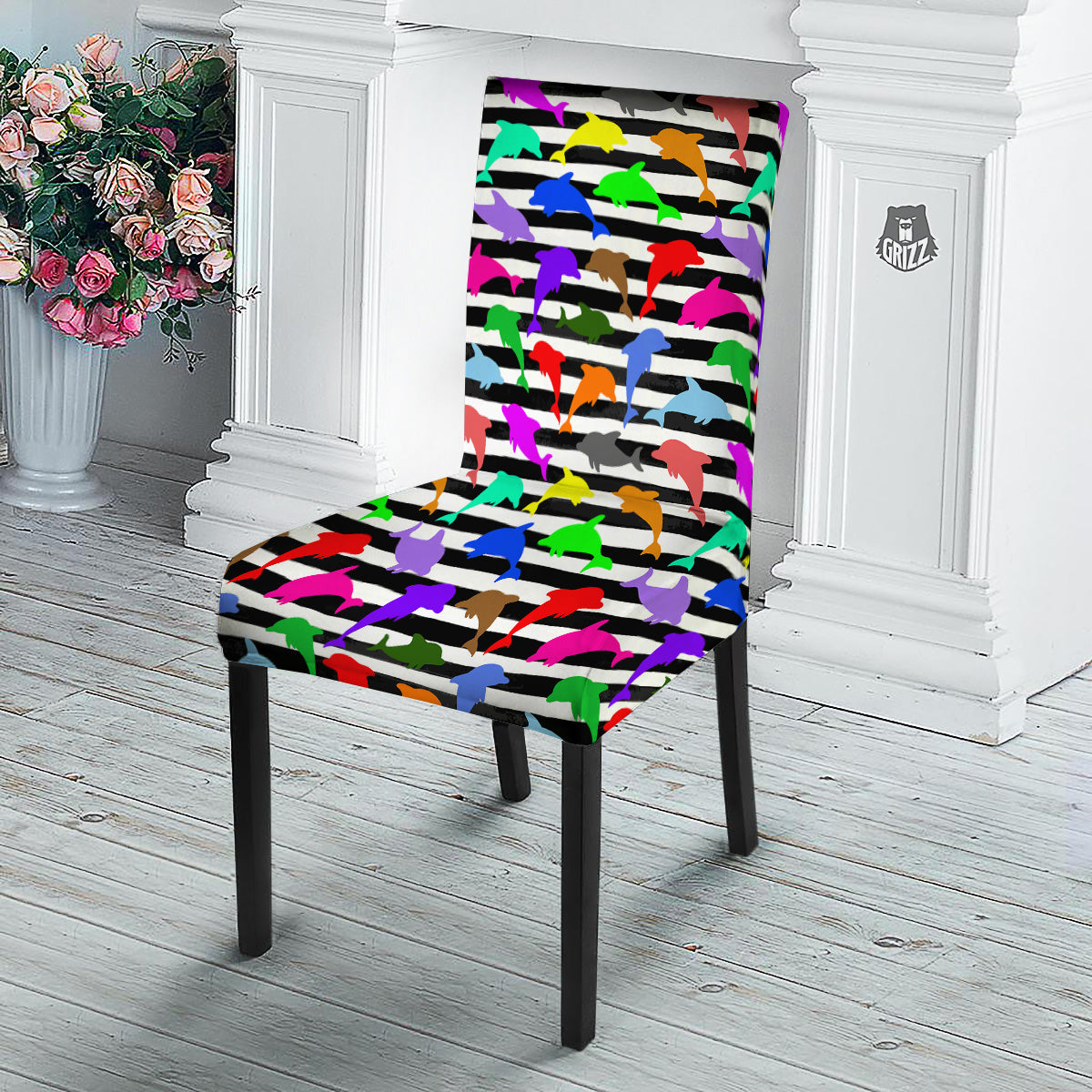 Striped And Colorful Dolphin Print Pattern Dining Chair Slipcover-grizzshop