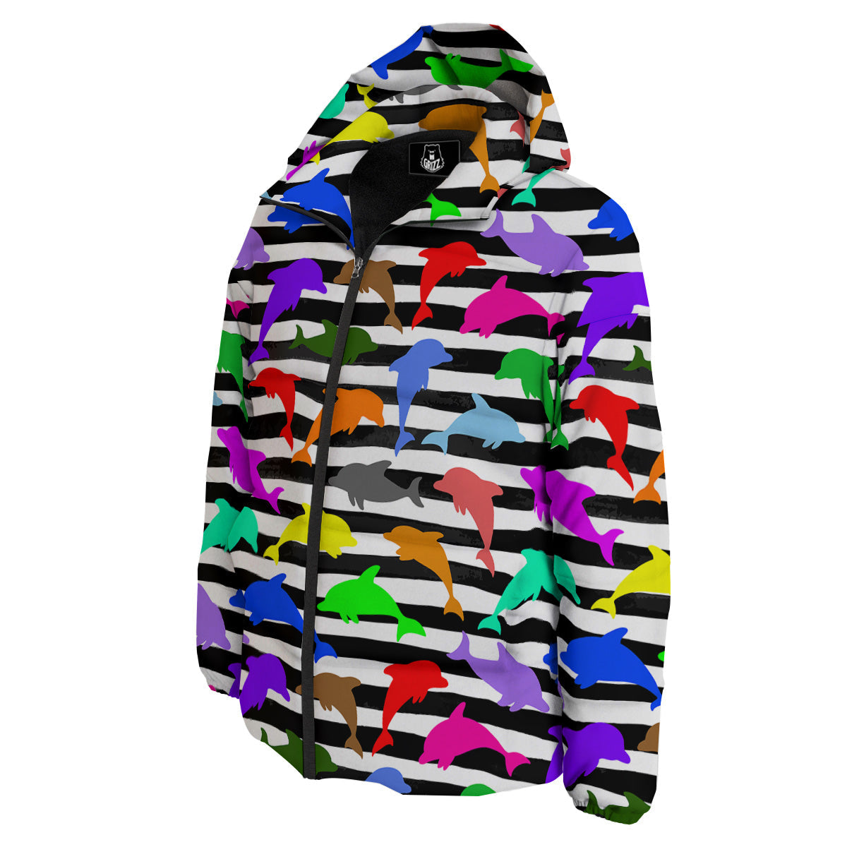Striped And Colorful Dolphin Print Pattern Down Jacket-grizzshop