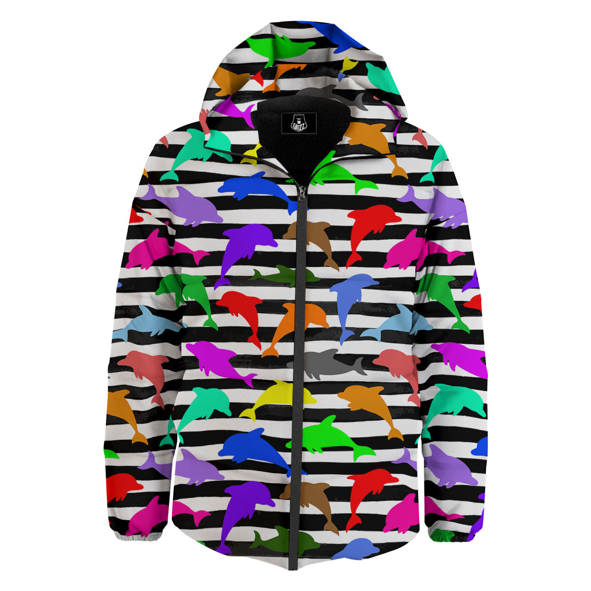 Striped And Colorful Dolphin Print Pattern Down Jacket-grizzshop