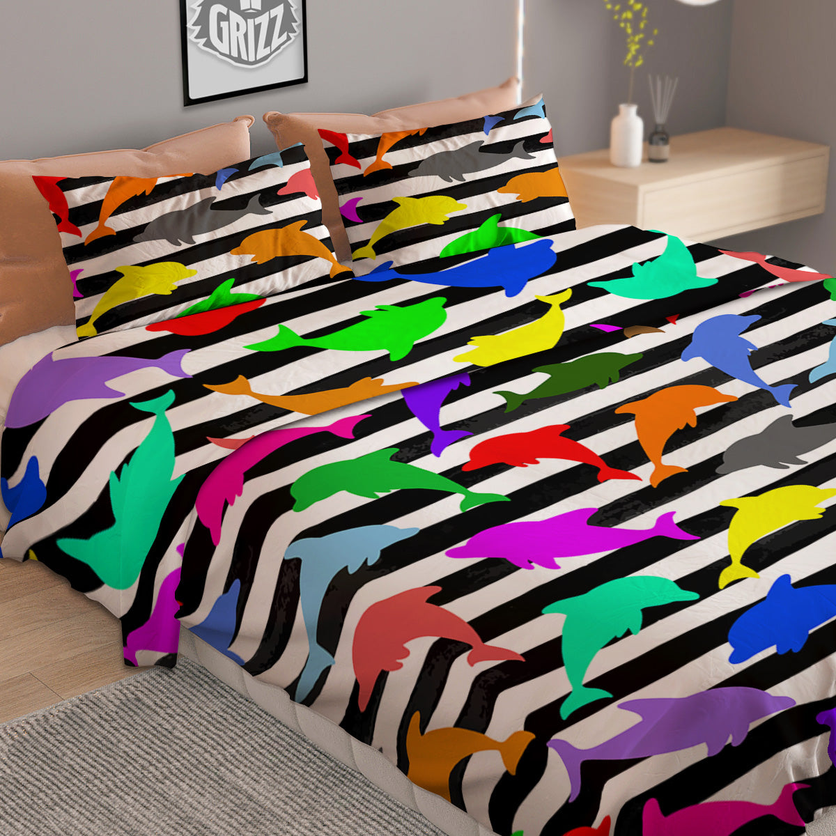 Striped And Colorful Dolphin Print Pattern Duvet Cover Bedding Set