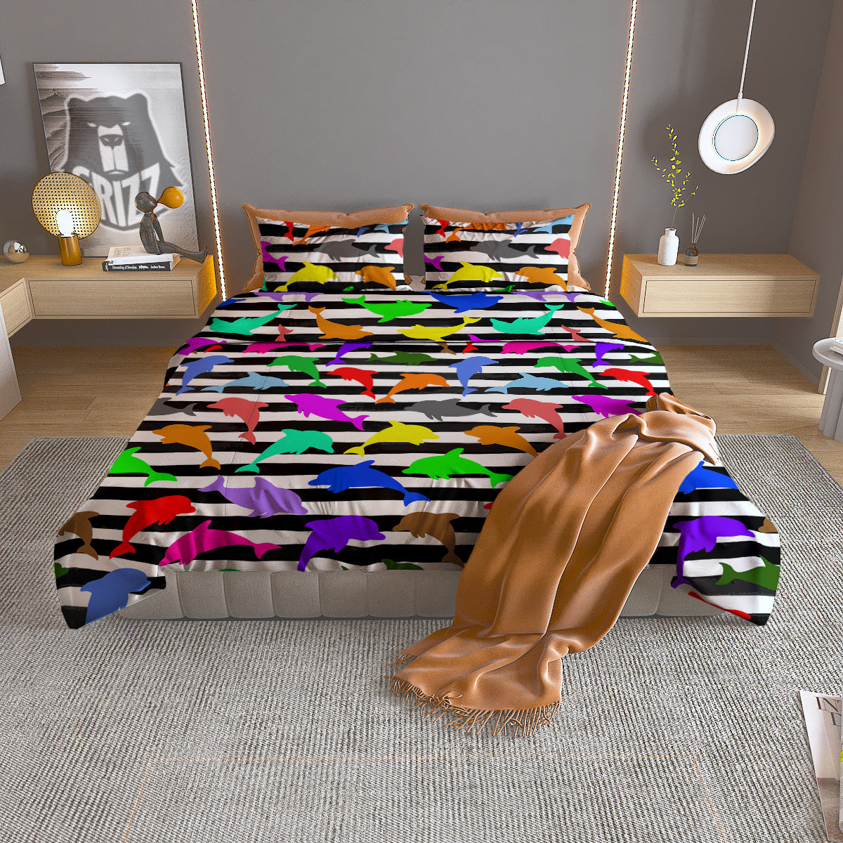 Striped And Colorful Dolphin Print Pattern Duvet Cover Bedding Set
