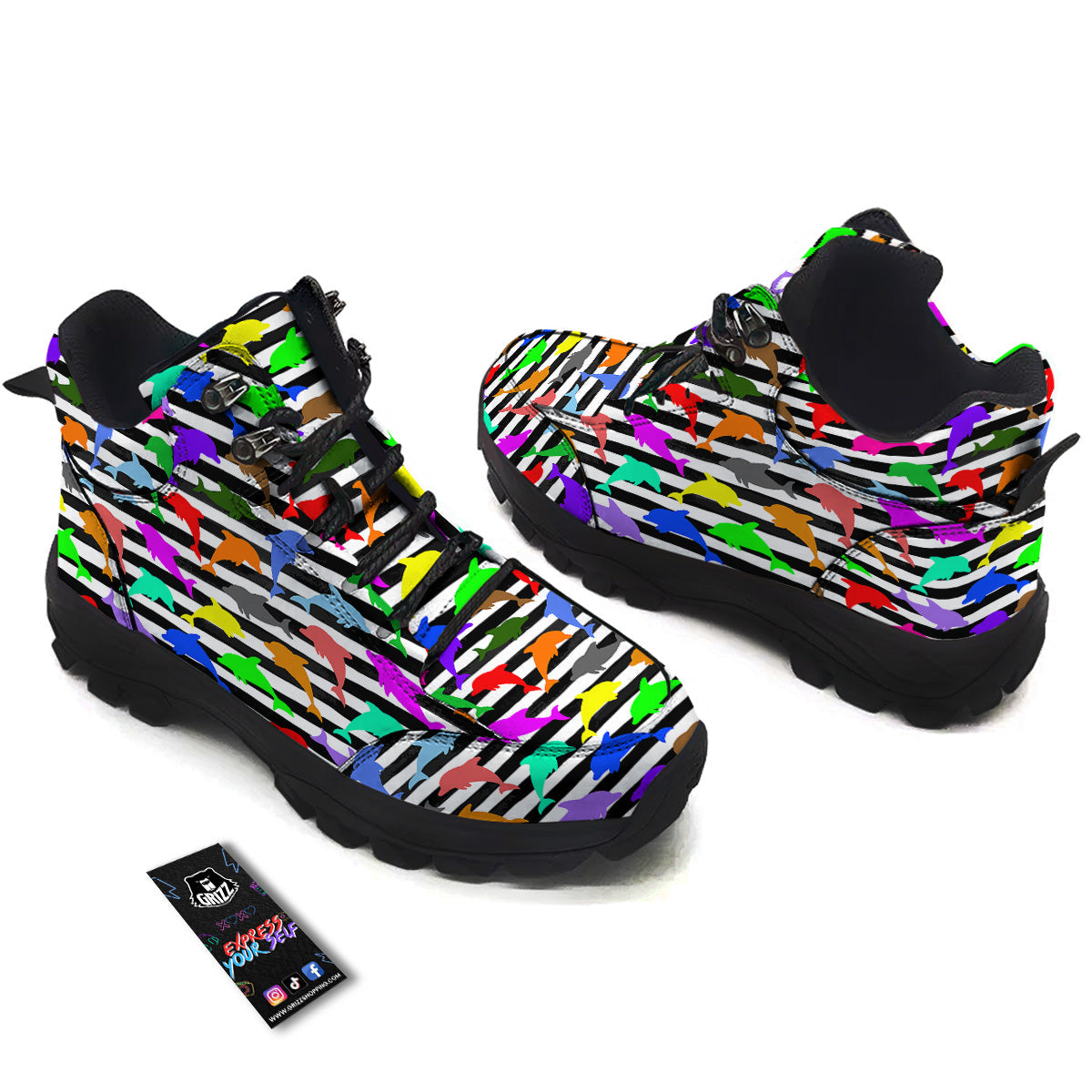 Striped And Colorful Dolphin Print Pattern Hiking Shoes-grizzshop