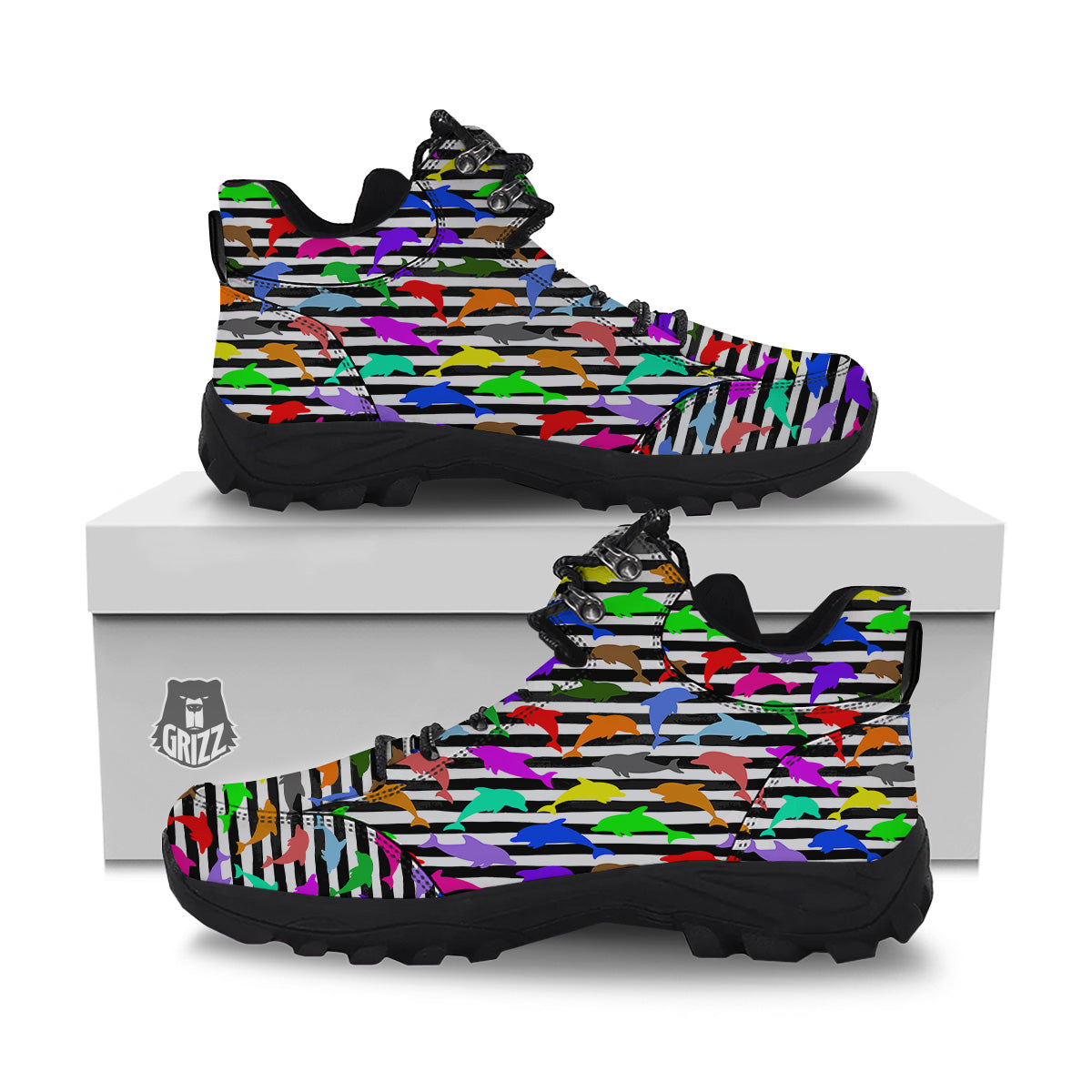 Striped And Colorful Dolphin Print Pattern Hiking Shoes-grizzshop