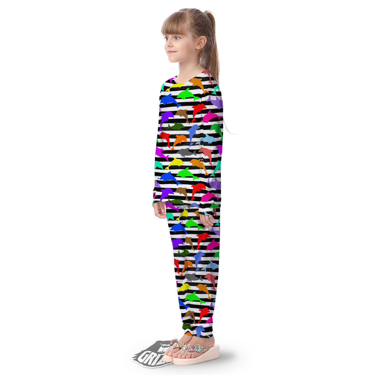 Striped And Colorful Dolphin Print Pattern Kid's Pajamas-grizzshop