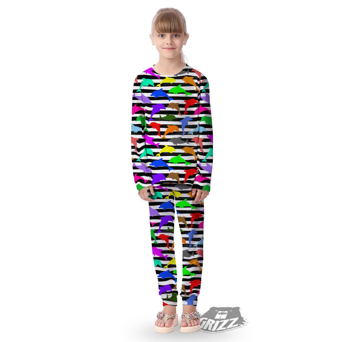 Striped And Colorful Dolphin Print Pattern Kid's Pajamas-grizzshop
