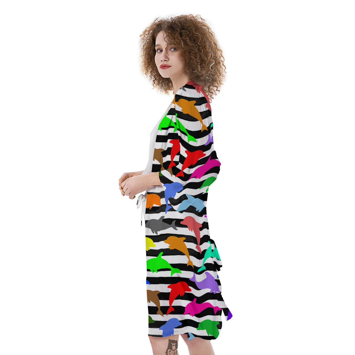 Striped And Colorful Dolphin Print Pattern Kimono-grizzshop