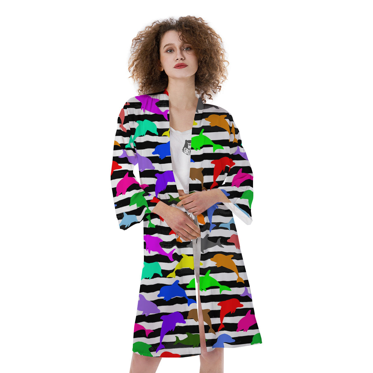 Striped And Colorful Dolphin Print Pattern Kimono-grizzshop