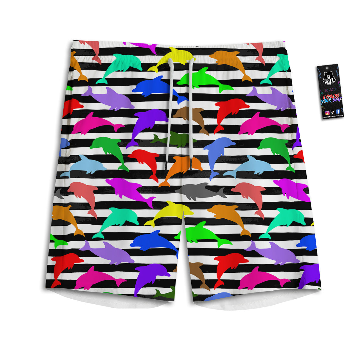 Striped And Colorful Dolphin Print Pattern Men's Athletic Shorts