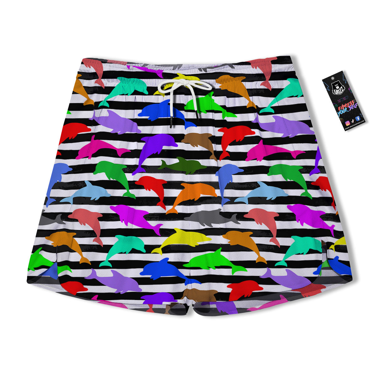 Striped And Colorful Dolphin Print Pattern Men's Running Shorts-grizzshop