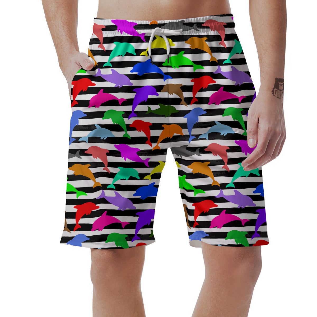 Striped And Colorful Dolphin Print Pattern Men's Shorts-grizzshop