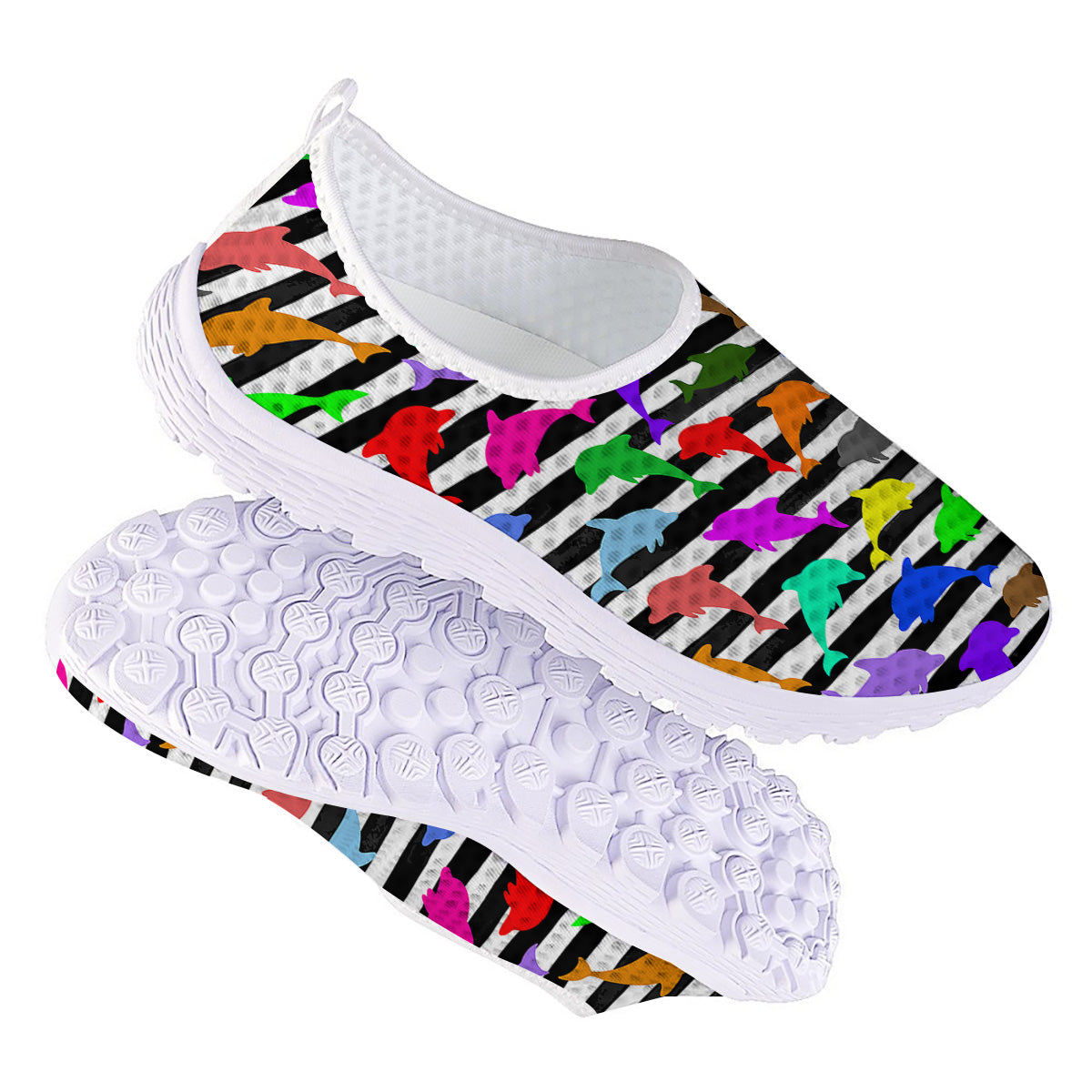 Striped And Colorful Dolphin Print Pattern Nurse Shoes-grizzshop