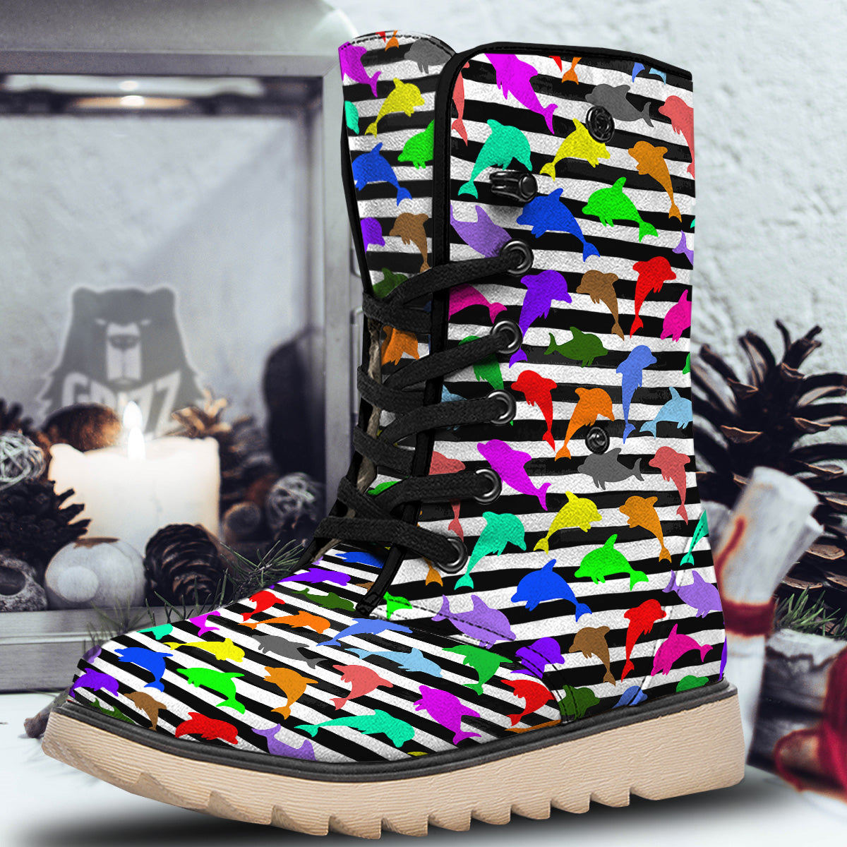 Striped And Colorful Dolphin Print Pattern Snow Boots-grizzshop