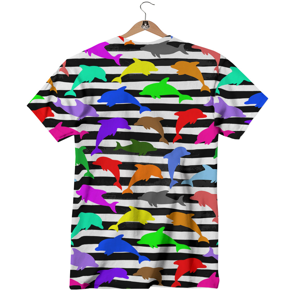 Striped And Colorful Dolphin Print Pattern T-Shirt-grizzshop