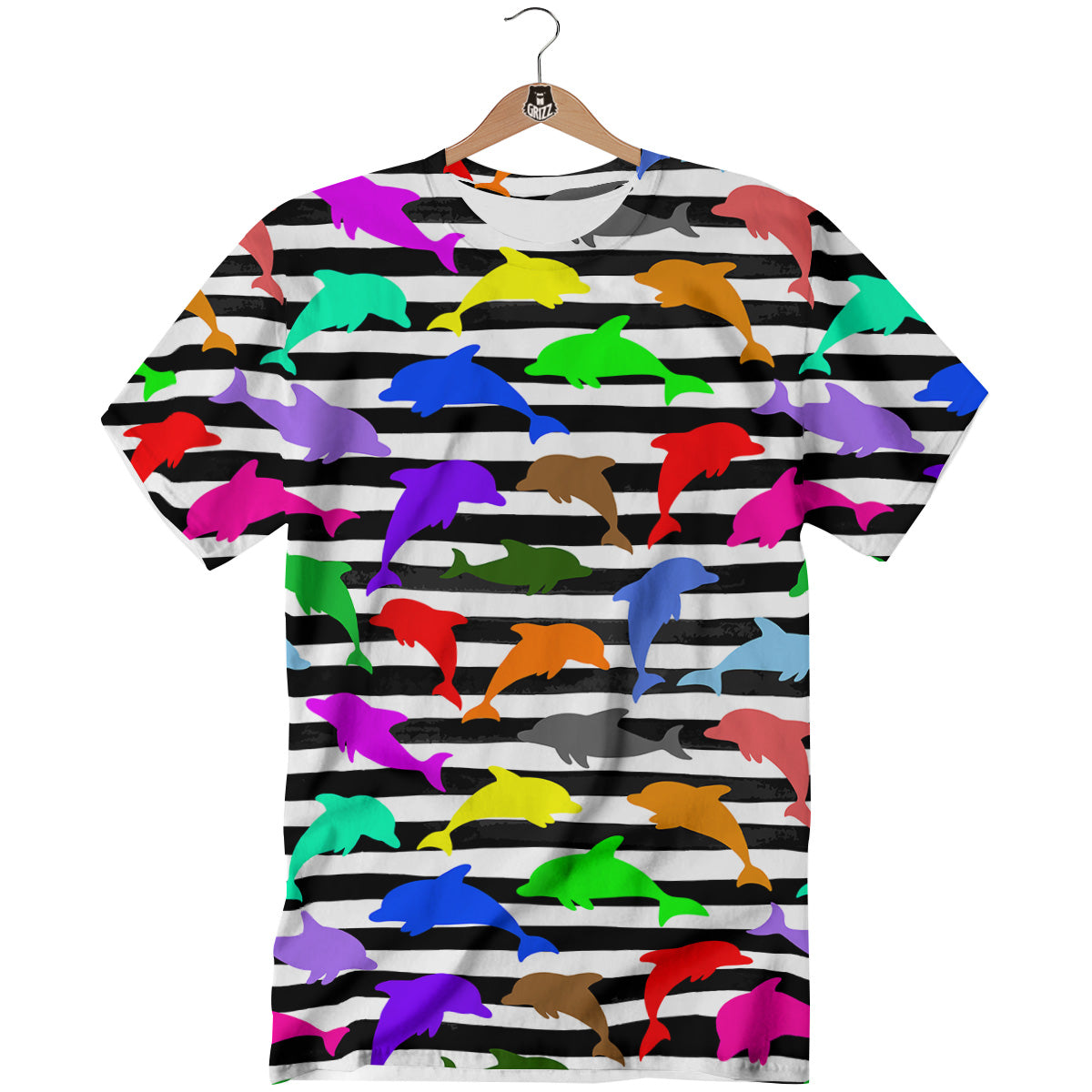 Striped And Colorful Dolphin Print Pattern T-Shirt-grizzshop