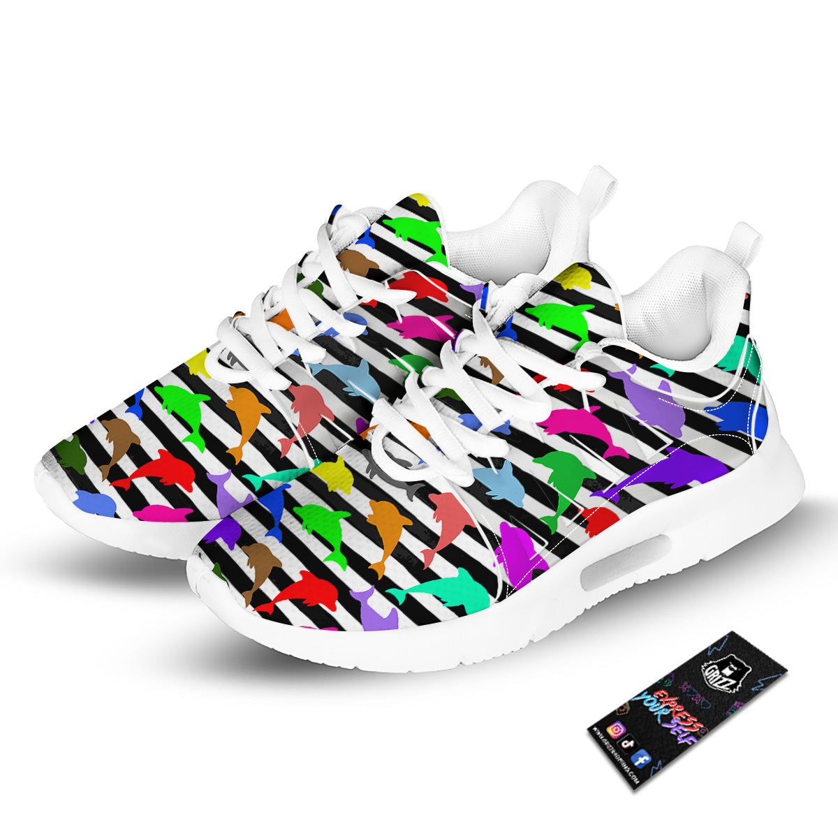 Striped And Colorful Dolphin Print Pattern Tennis Shoes-grizzshop